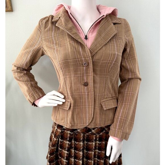 Vintage Y2k So Pastel Pink Tan Glen Check Layered Hoodie Blazer size Juniors S - Picture 1 of 8